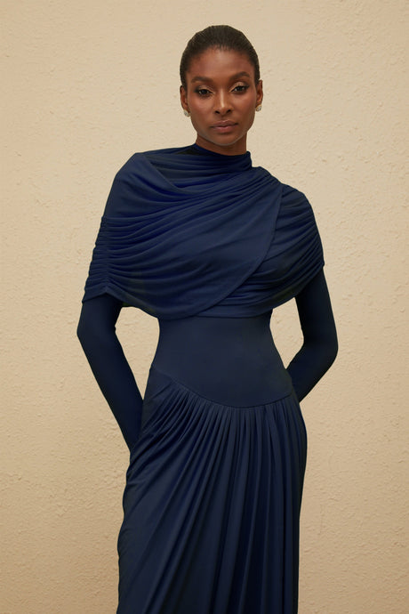 Aurohaya Catherine Navy-Blue Asymmetrical Pleated Long-Sleeve Maxi Dress