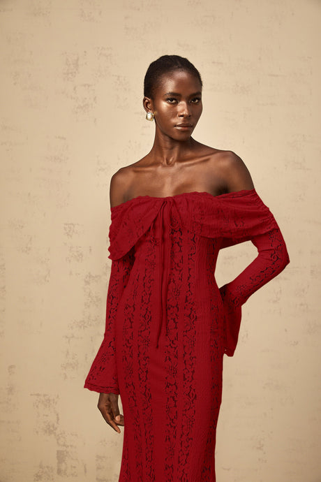 Aurohaya Émeline floral lace train-design maxi dress in Red