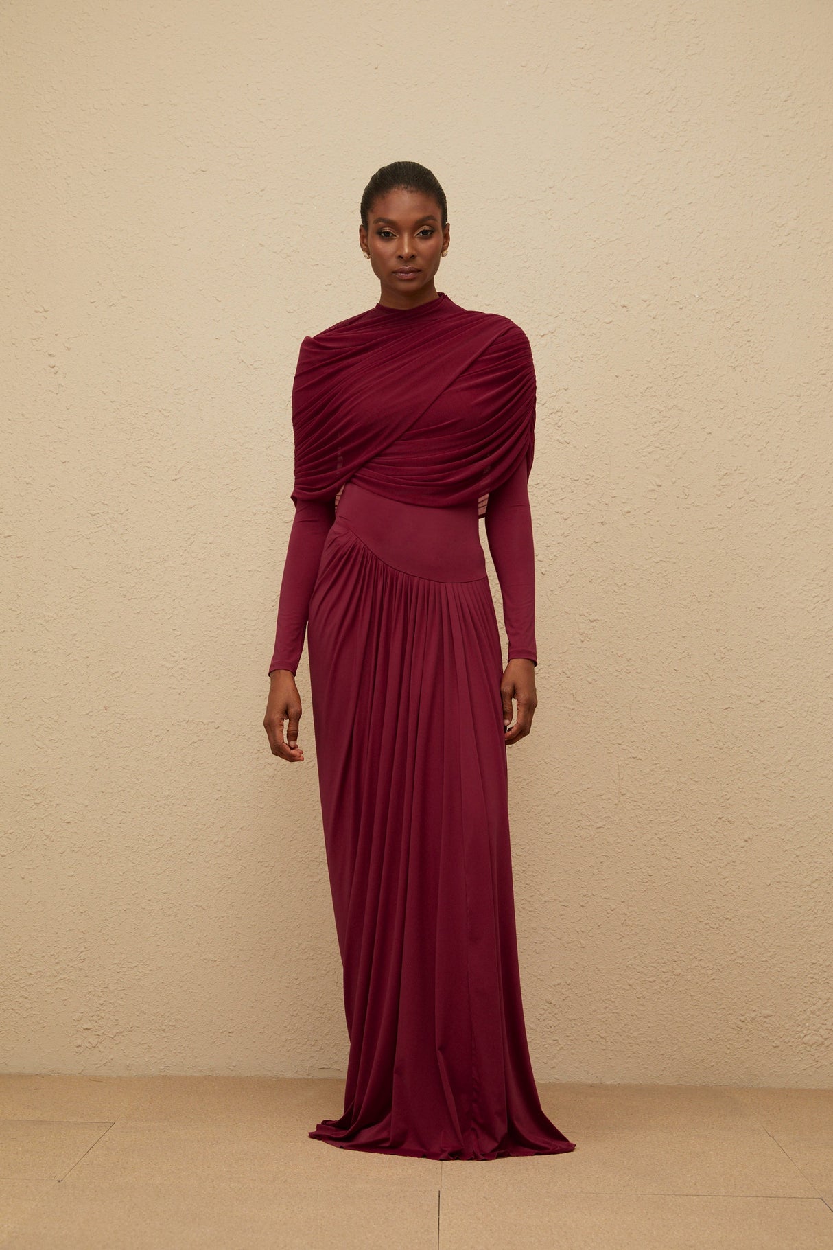 Aurohaya Catherine Red Asymmetrical Pleated Long-Sleeve Maxi Dress