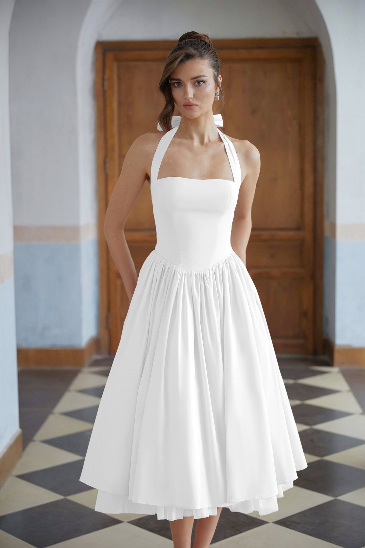 Aurohaya Eponine White Layered Flared Hem Midi Dress
