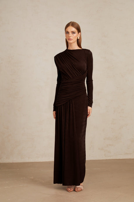 Aurohaya Charme Brown Ruched Maxi Dress