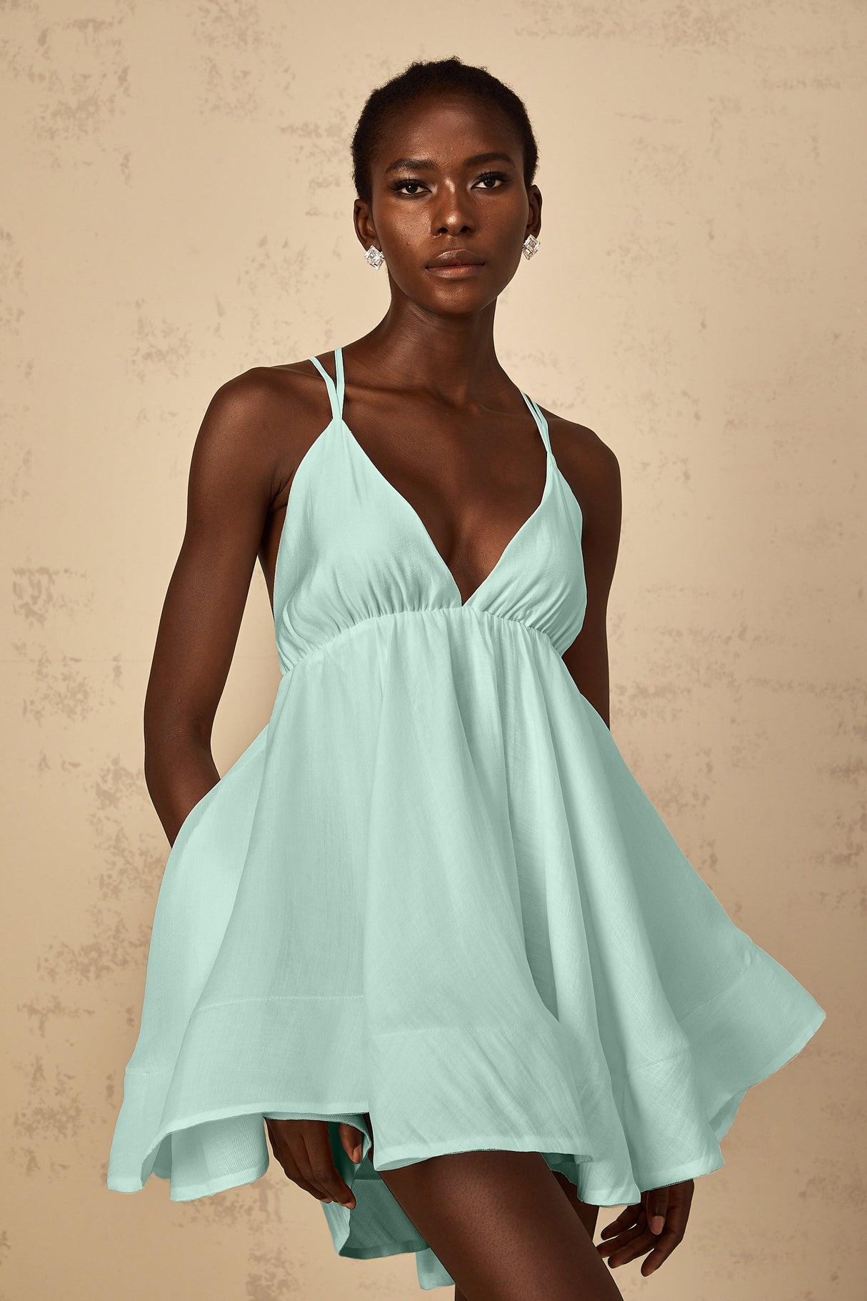 Aurohaya Quincie Green Shirred Flounced Mini Dress