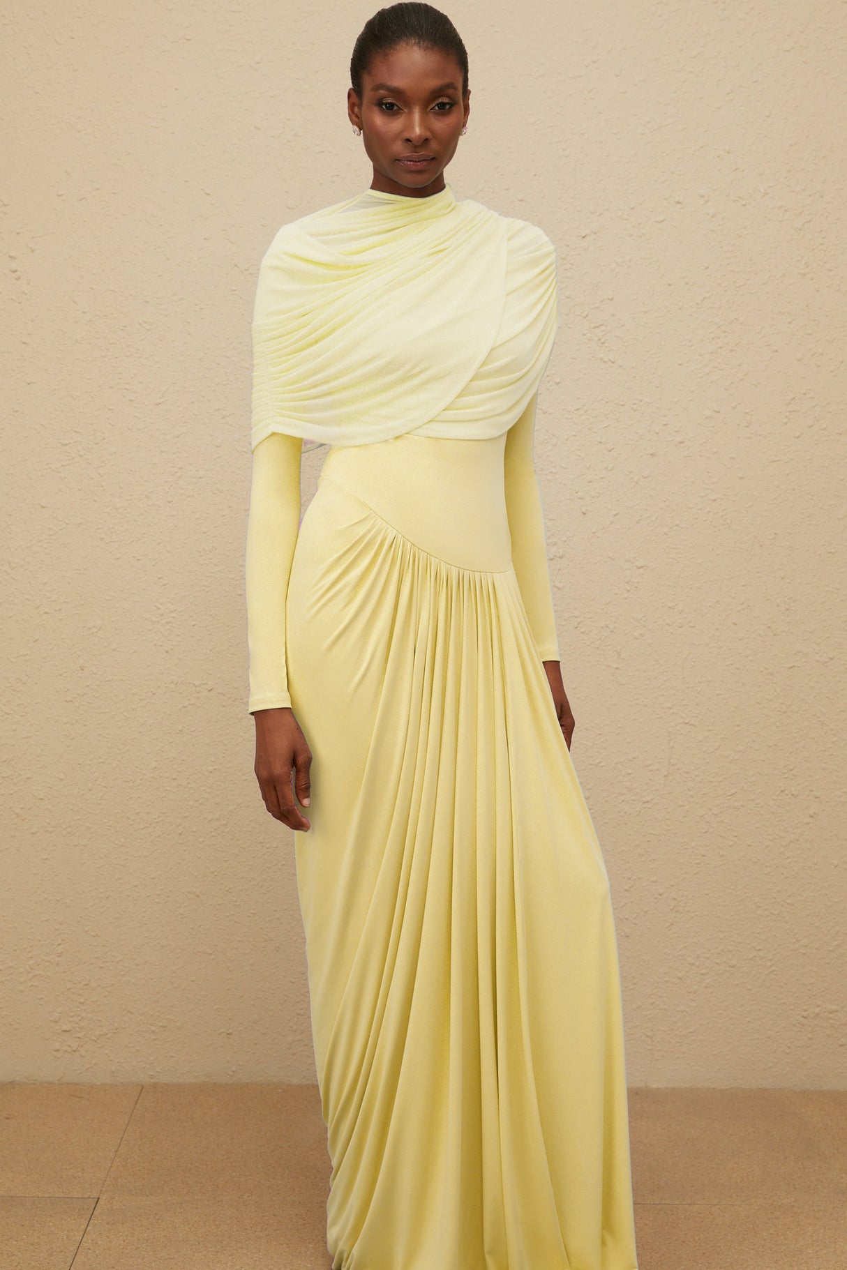 Aurohaya Catherine Yellow Asymmetrical Pleated Long-Sleeve Maxi Dress