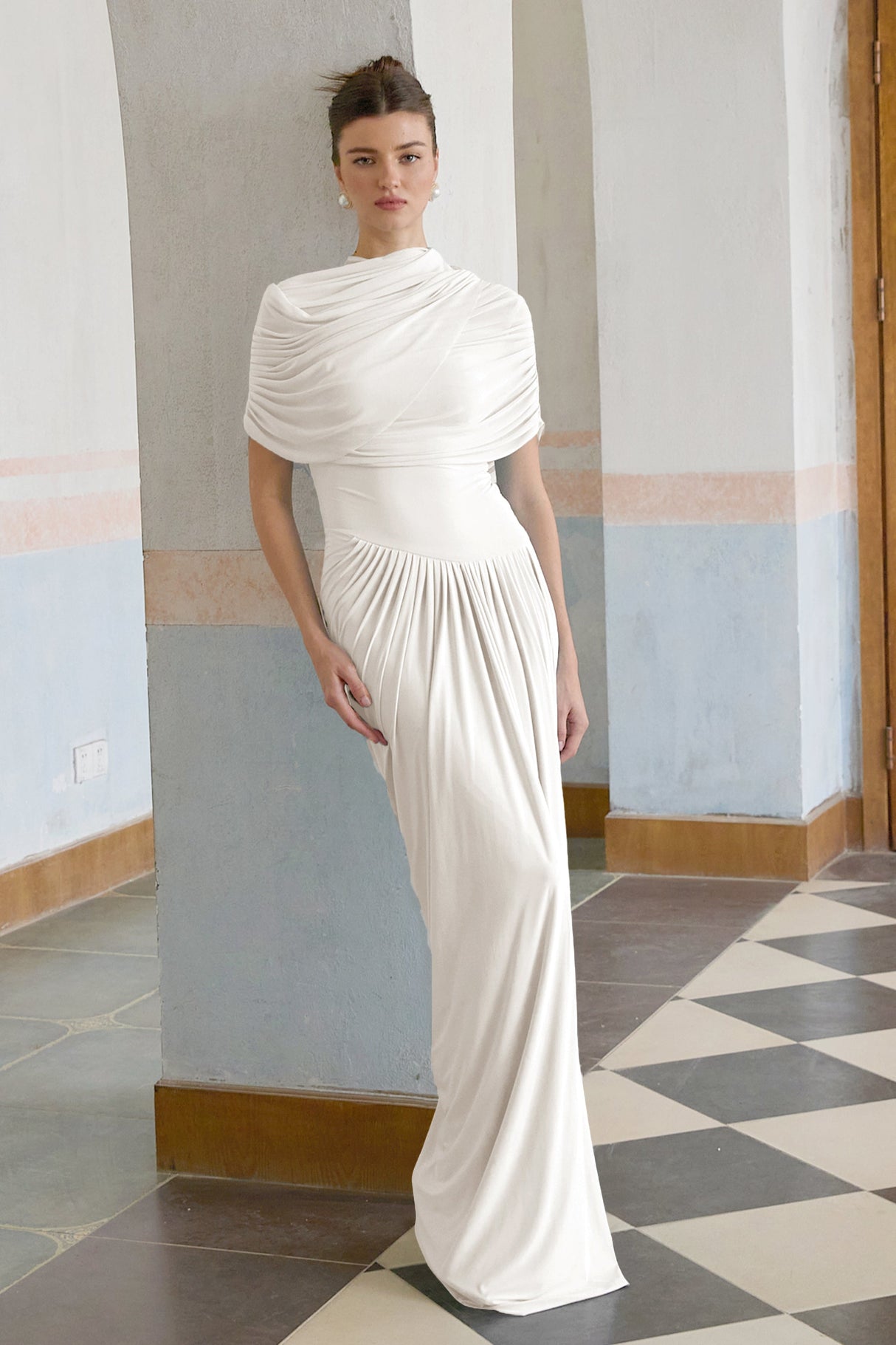 Aurohaya Catherine White Asymmetrical Pleated Maxi Dress