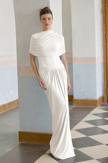 Aurohaya Catherine White Asymmetrical Pleated Maxi Dress