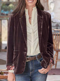 Aurohaya Vintage Velvet Blazer for Women Single-Breasted Lapel Collar Jacket with Pockets