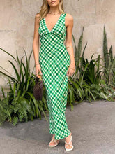 Aurohaya Vintage Green Plaid V-Neck Maxi Dress Green