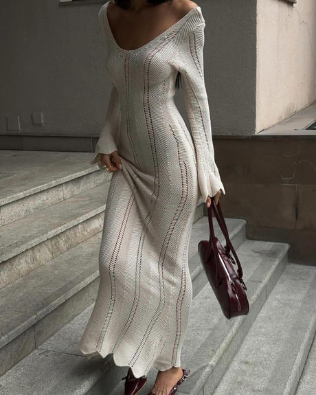 Aurohaya Hollow Solid Color Knitted Holiday Long Dress