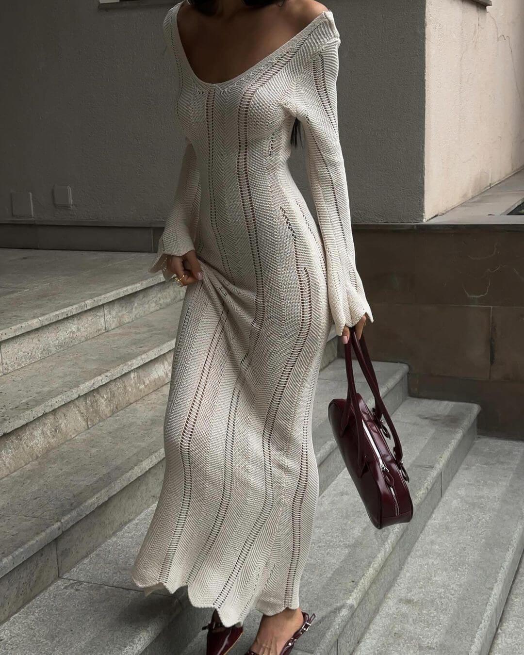 Aurohaya Hollow Solid Color Knitted Holiday Long Dress
