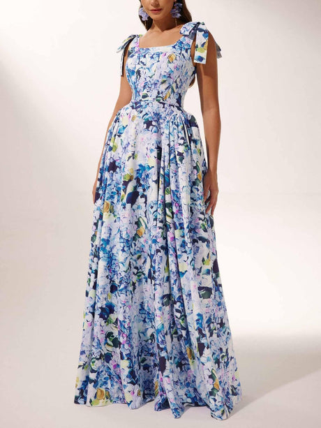 Aurohaya Bow Strap Hydrangea Print Maxi Dress