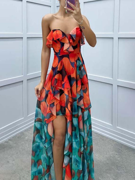 Aurohaya Gradient Print Irregular Ruffle Maxi Dress