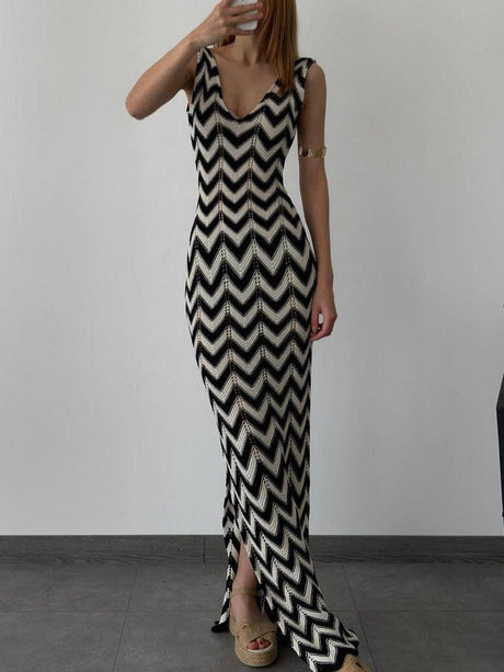 Aurohaya Summer V-Neck Striped Crochet Slit Sexy Maxi Dress