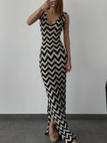 Aurohaya Summer V-Neck Striped Crochet Slit Sexy Maxi Dress