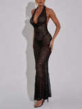 Aurohaya Elegant Sexy Sequin Halter Neck Maxi Dress