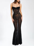 Aurohaya Elegant Leopard Print Mesh See-through Maxi Dress Black