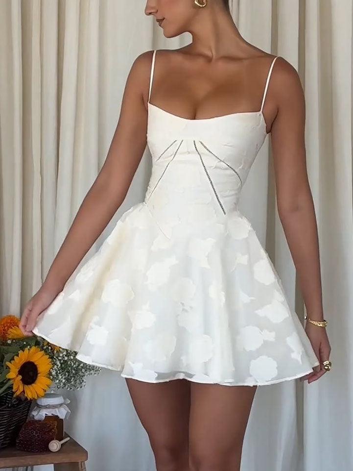 Aurohaya Elegant V Neck Floral Lace Light Gown Mini Dress Off-white