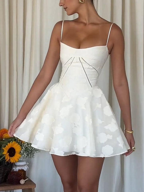 Aurohaya Elegant V Neck Floral Lace Light Gown Mini Dress Off-white