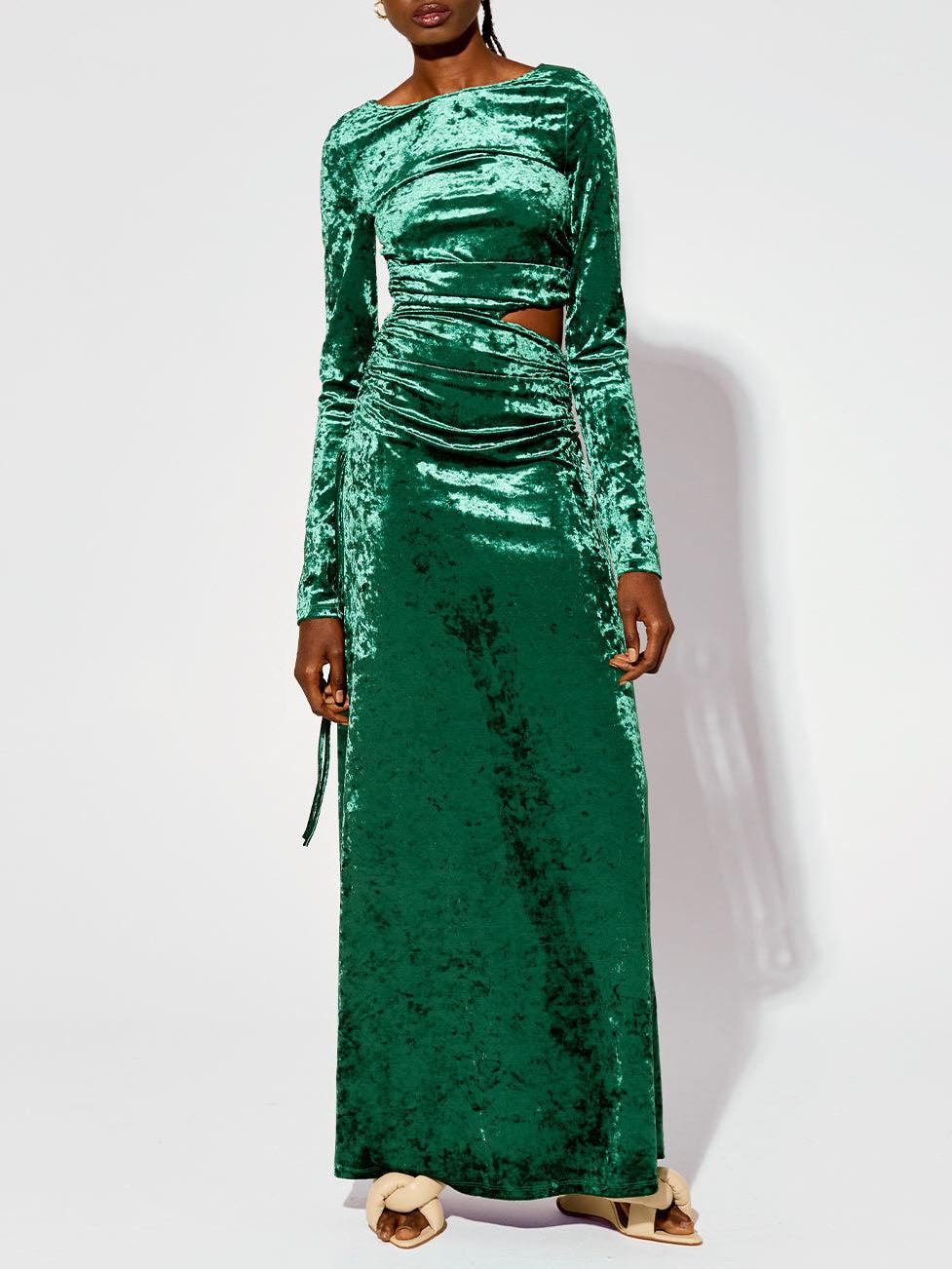 Aurohaya Modern Cutout Shirred Diamond Velvet Maxi Dress Green