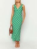 Vintage Green Plaid V-Neck Maxi Dress