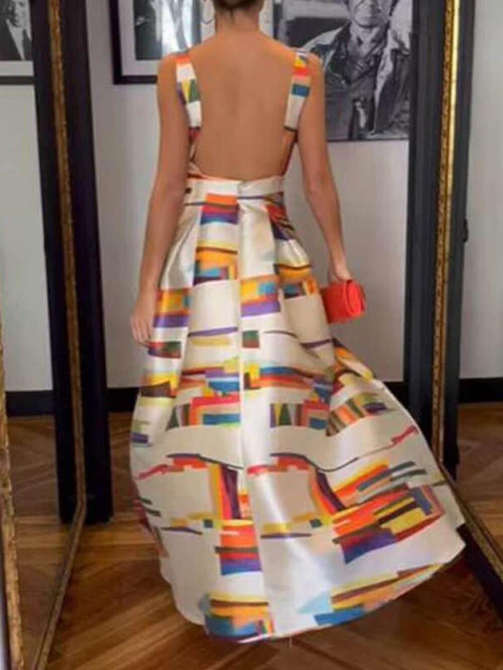 Aurohaya Elegant Sleeveless Backless Printed Party Maxi Dress