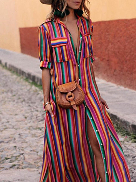 Aurohaya Casual Striped Printed Shirt Maxi Skirt