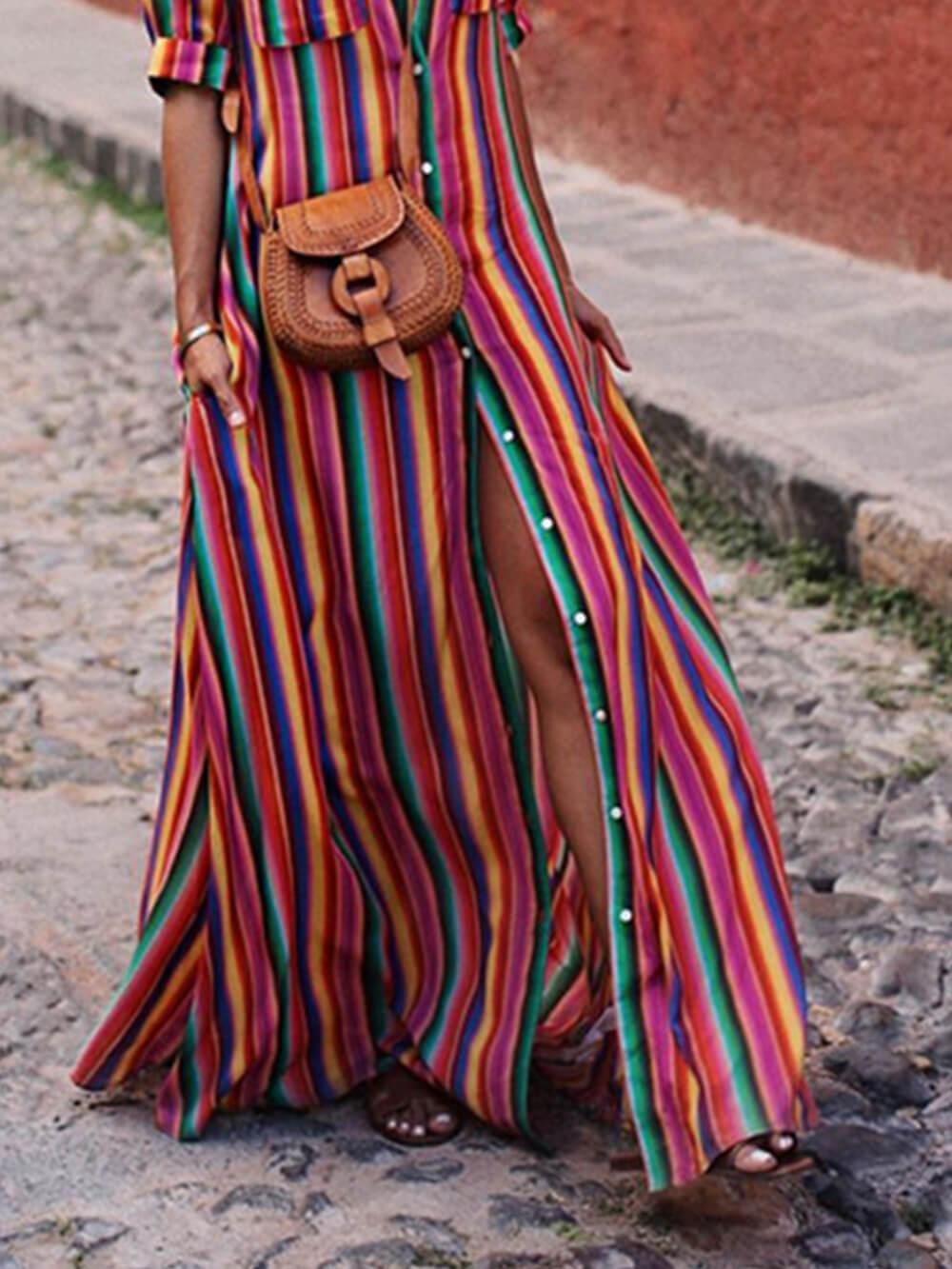 Aurohaya Casual Striped Printed Shirt Maxi Skirt