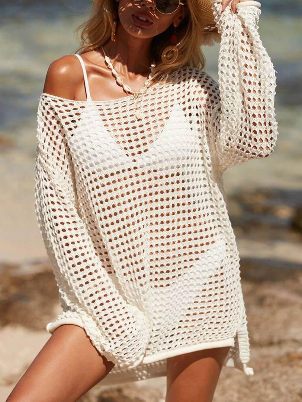 Aurohaya Knitted Cutout Beach Bikini Sun Protection Cover-Up White