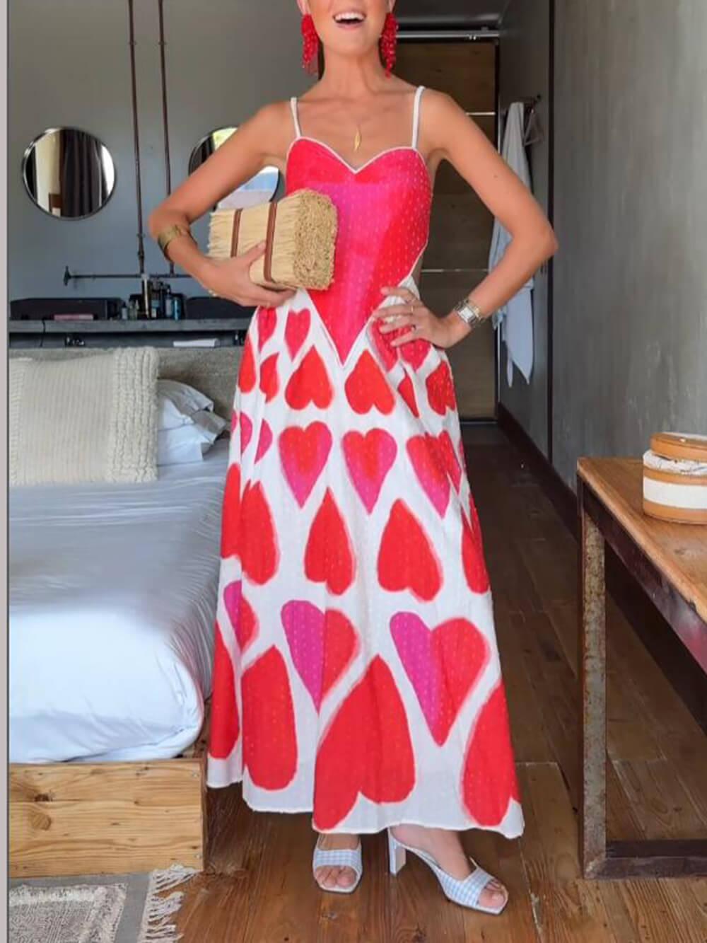 Aurohaya Elegant Painted Hearts Printed Maxi Dress Red