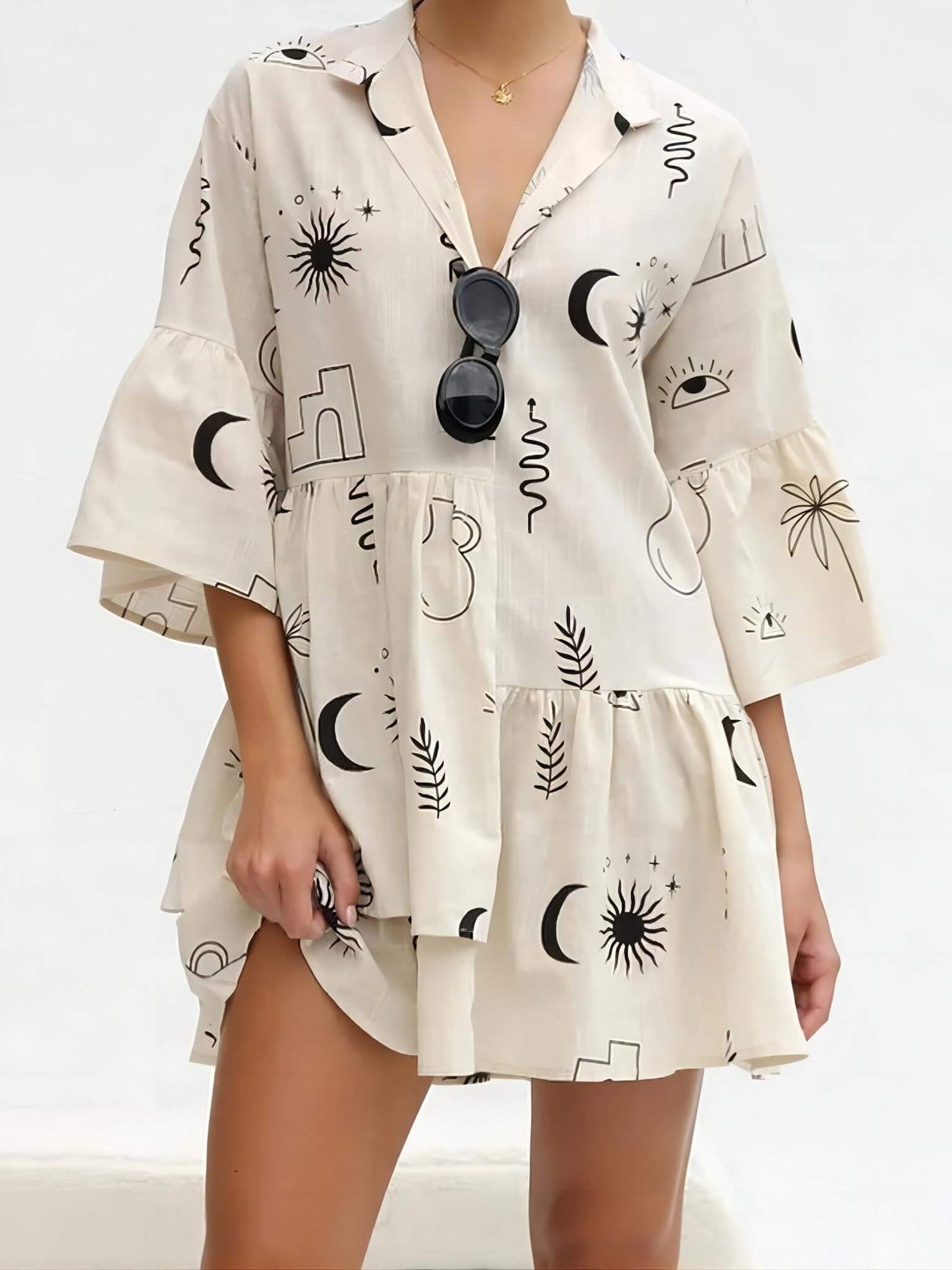 Aurohaya Ethnic Style Loose Shirt Short Dress Black