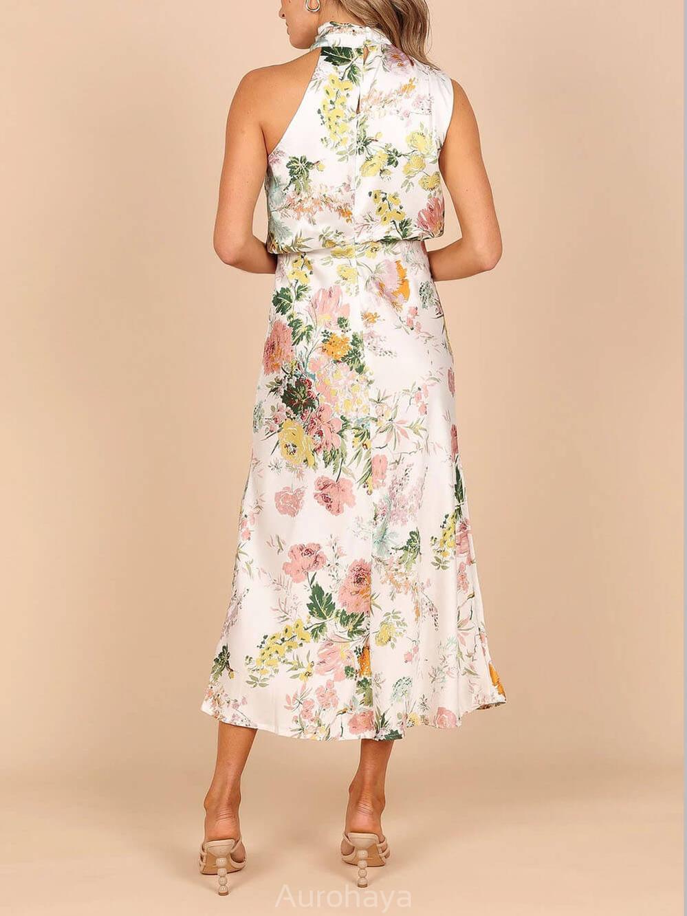 Aurohaya Floral Halter Neck Elastic Waist Maxi Dress