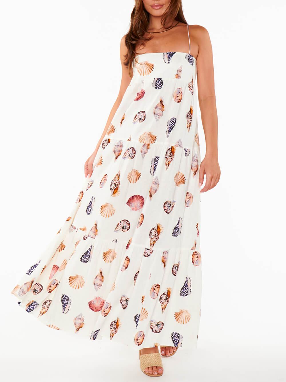 Aurohaya Unique Shell Conch Print Pleated Pockets Lightweight Maxi Dress