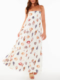 Aurohaya Unique Shell Conch Print Pleated Pockets Lightweight Maxi Dress