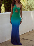 Aurohaya Marine Ombre Asymmetric Neck Evening Gown Maxi Dress