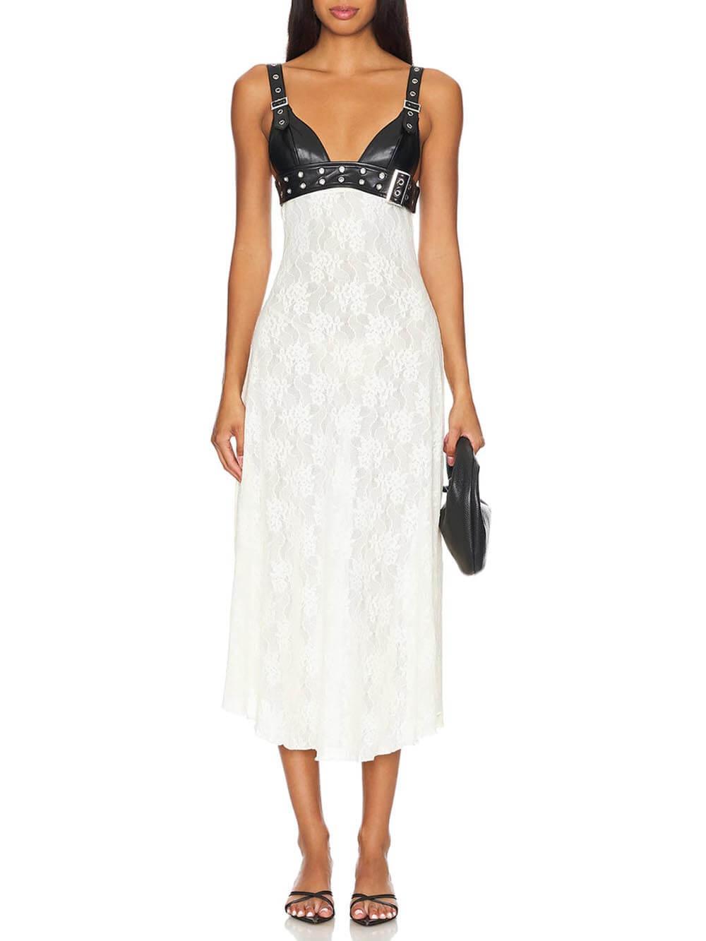 Aurohaya Floral Lace Leather Midi Dress White