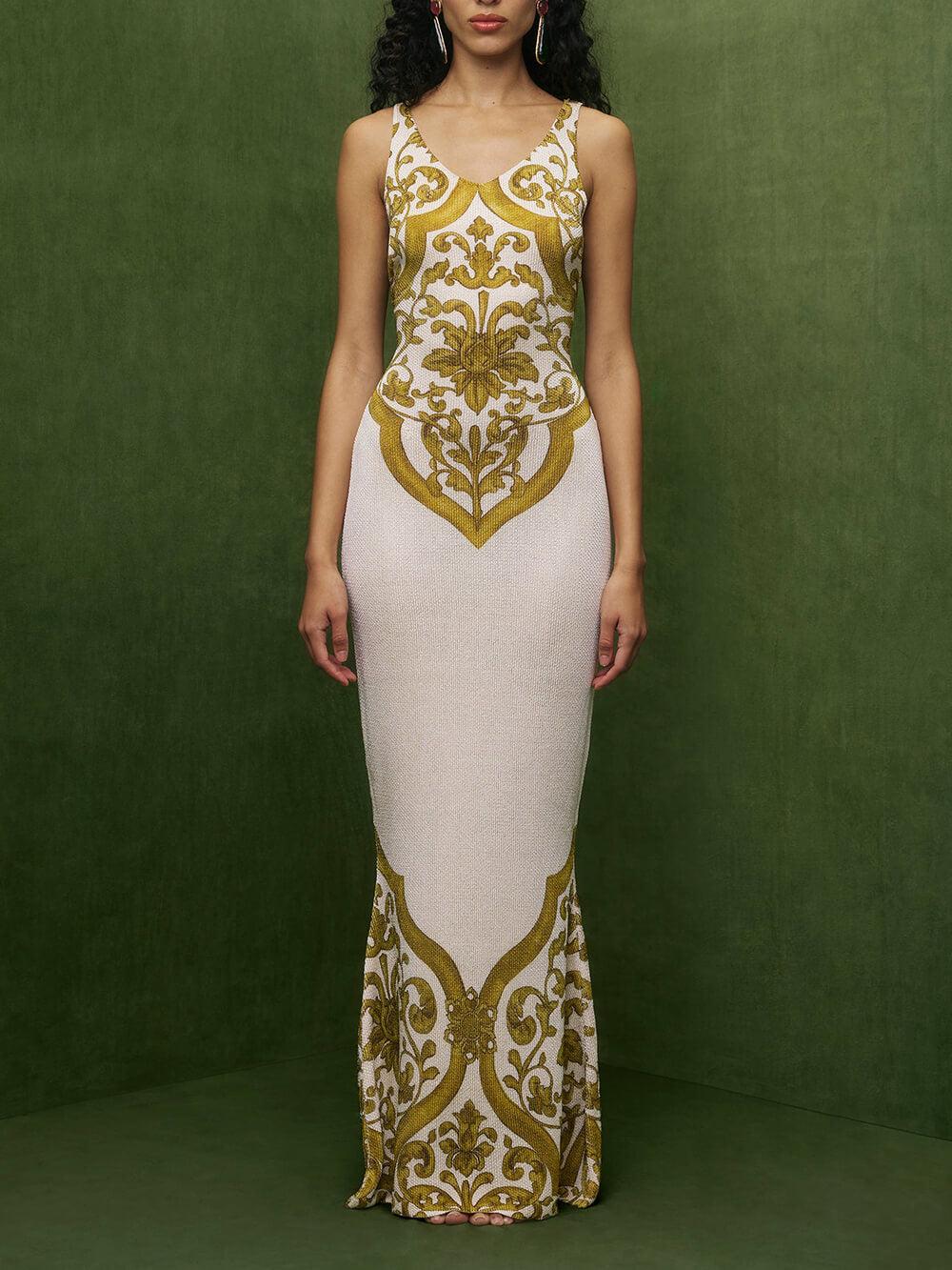 Aurohaya Extraordinary Elegance Symmetrical Unique Print Stretch Fishtail Maxi Dress