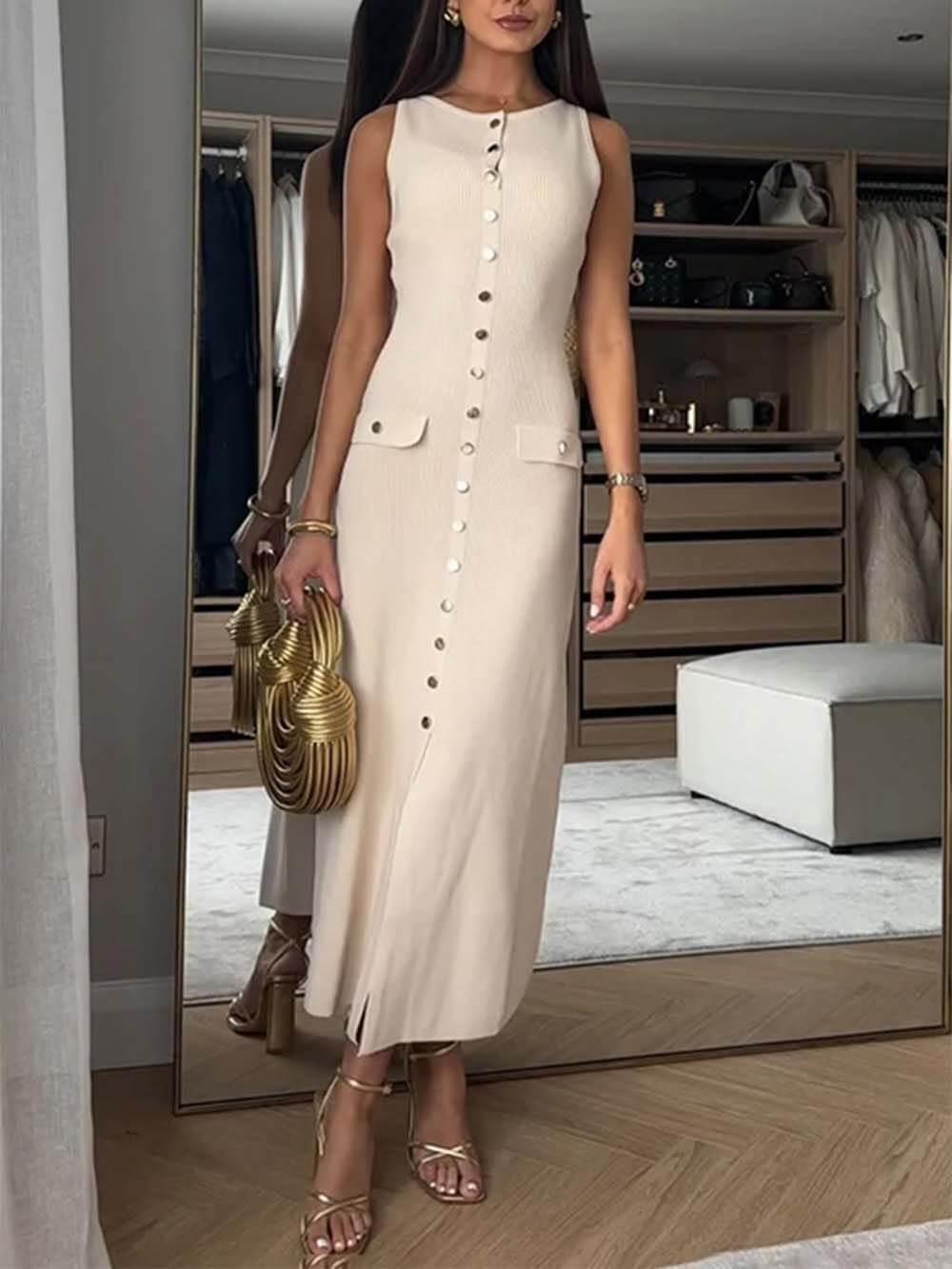 Aurohaya Elegant Crew Neck Buttoned Sleeveless Knit Midi Dress