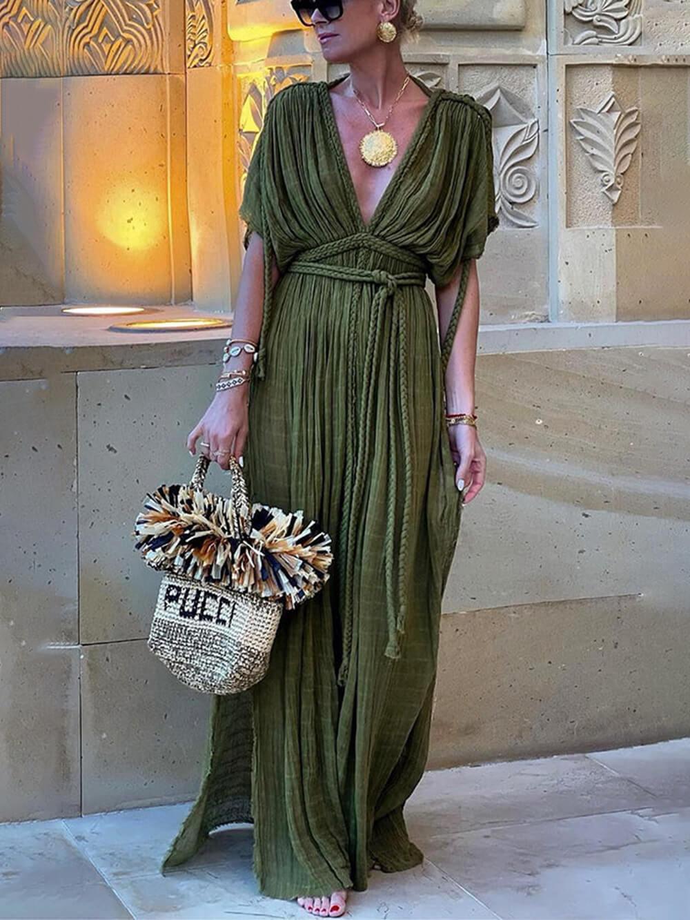 Aurohaya Draped Braids Kimono Cover Up Slit Maxi Dress Green