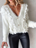 Floral Pattern Beaded Fuzzy Knit Cardigan Sweaters