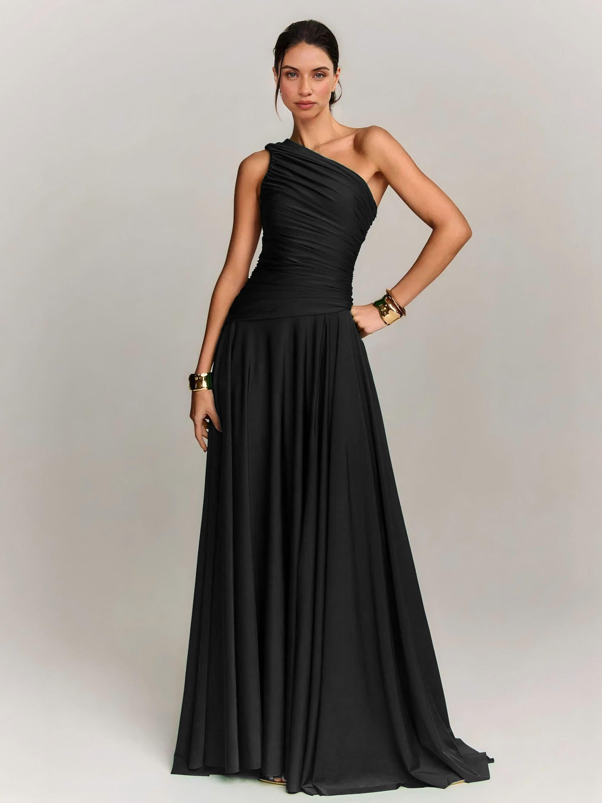 Aurohaya Elegant Draped One Shoulder Cocktail Maxi Dress