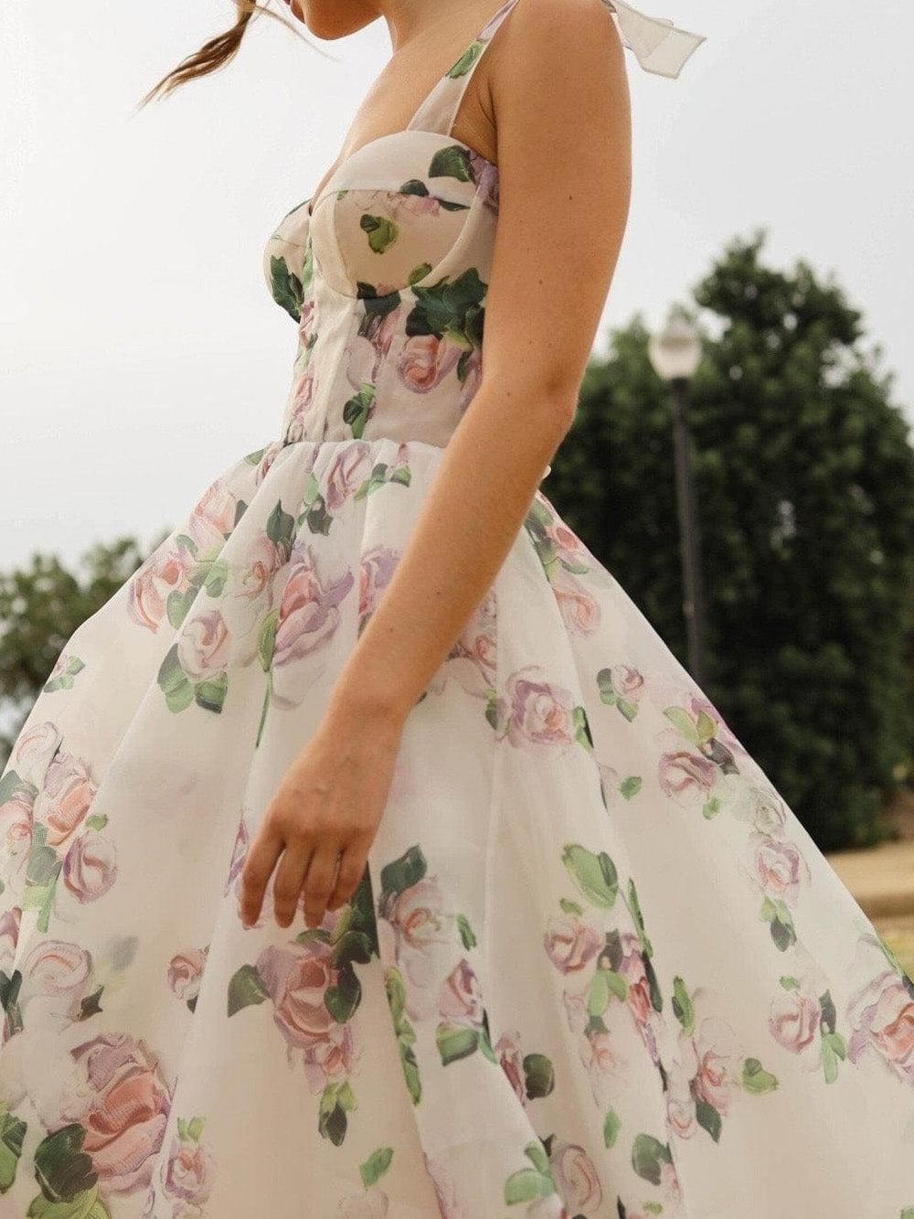Aurohaya Tender Floral Midi Tie-strap Dress