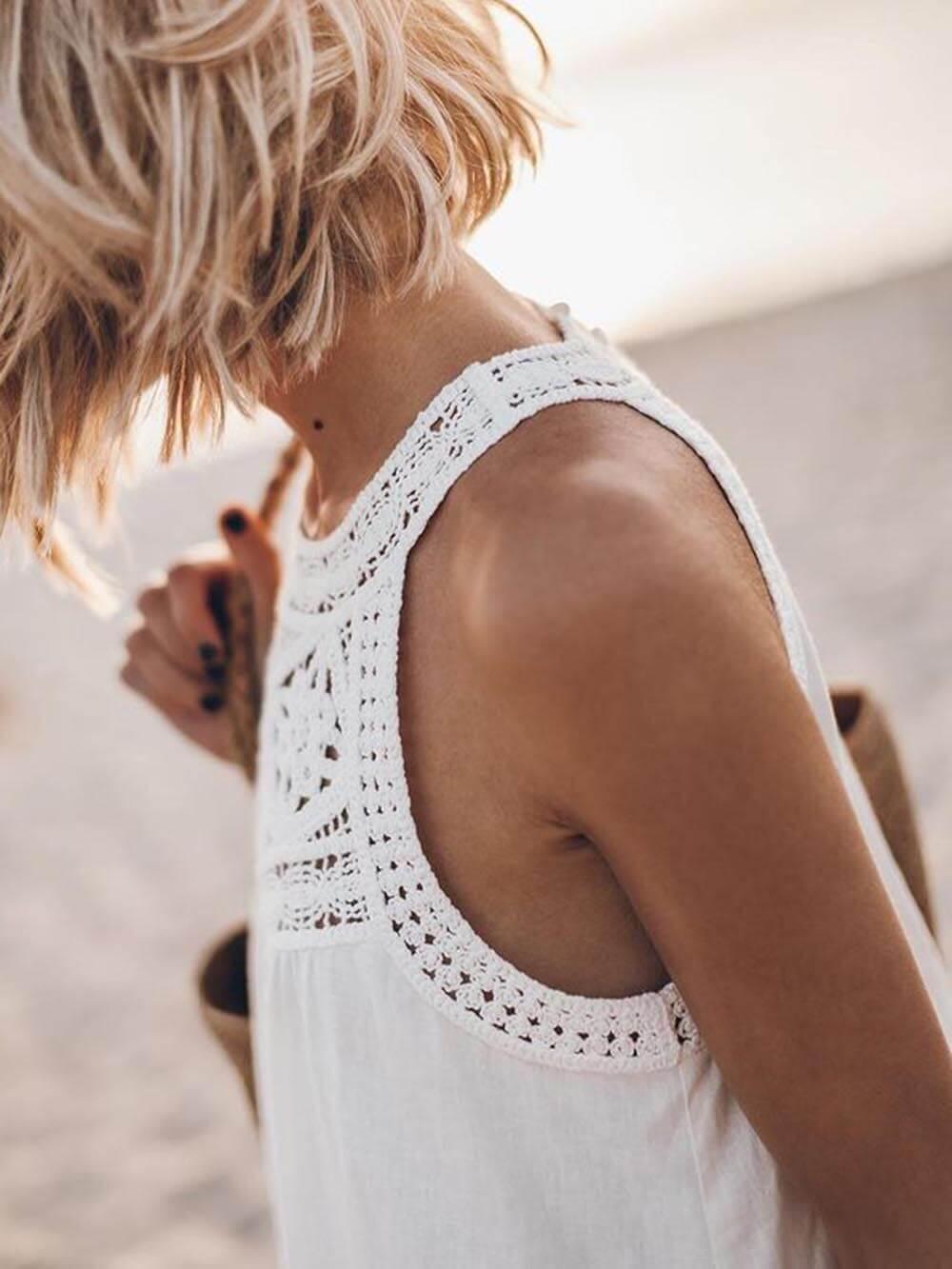 Aurohaya Hollow Lace Patchwork Halterneck A-Line Mini Dress