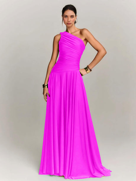 Aurohaya Elegant Draped One Shoulder Cocktail Maxi Dress