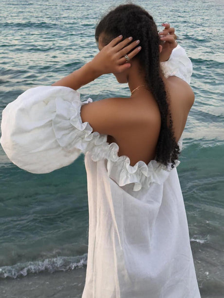 Aurohaya Off Shoulder Ruffle Puff Sleeve Pocketed Midi Dress