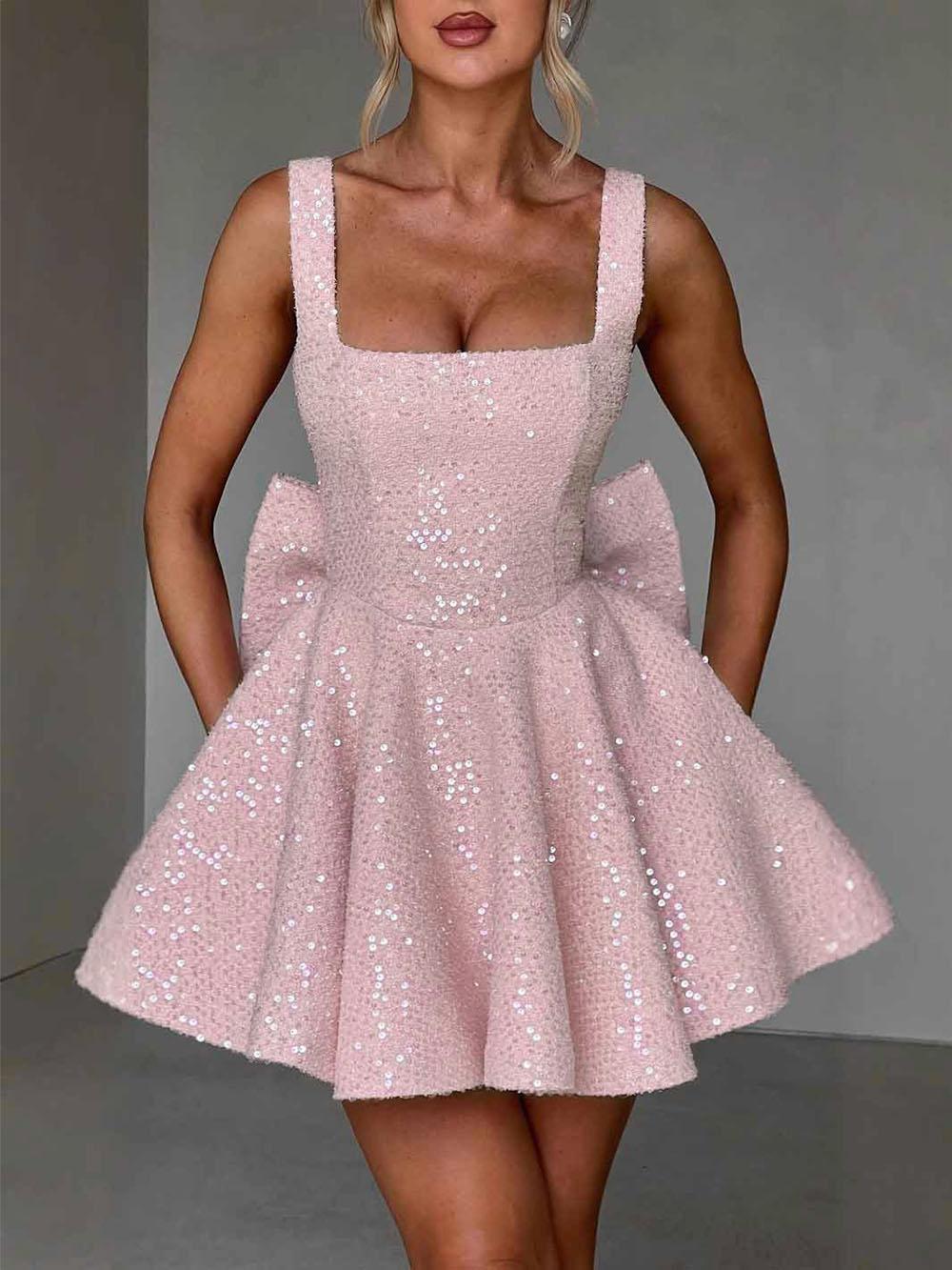 Aurohaya Elegant Square Neck A-Line Mini Dress Pink