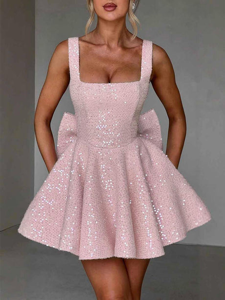 Aurohaya Elegant Square Neck A-Line Mini Dress Pink