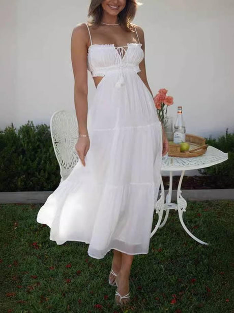 Aurohaya Sling Hollow Backless Large Pendulum Dress White