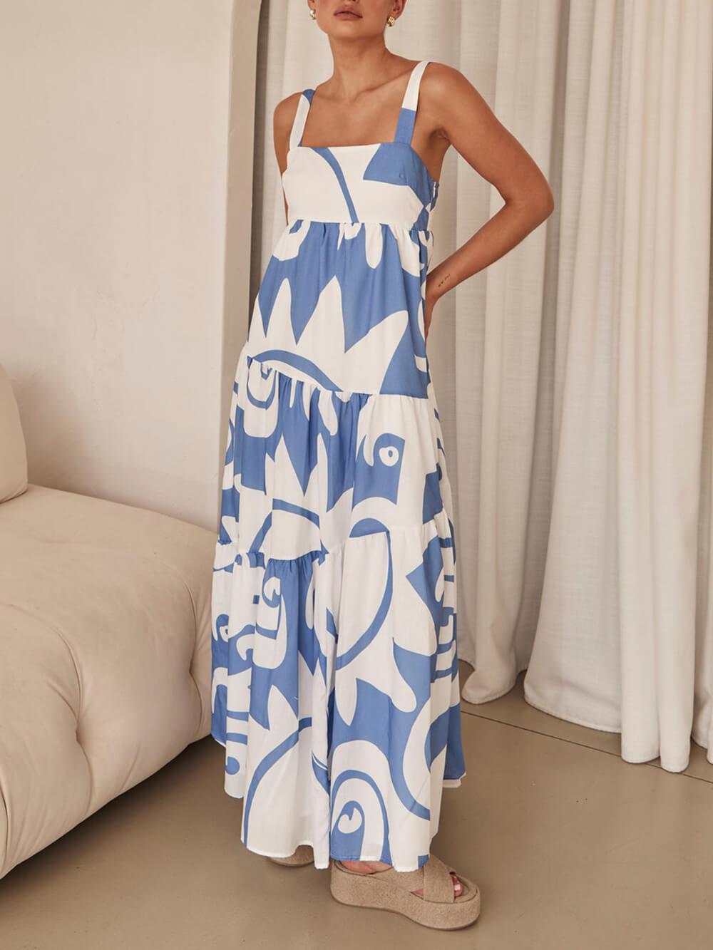 Aurohaya Bohemian Geometric Print Maxi Dress Blue