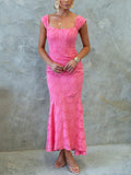 Aurohaya Beauty Floral Textured Material Ruched Fishtail Maxi Dress Pink