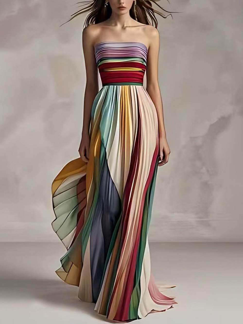 Aurohaya Elegant Striped Printed Off-shoulder Pleated Bandeau Maxi Dress Multi