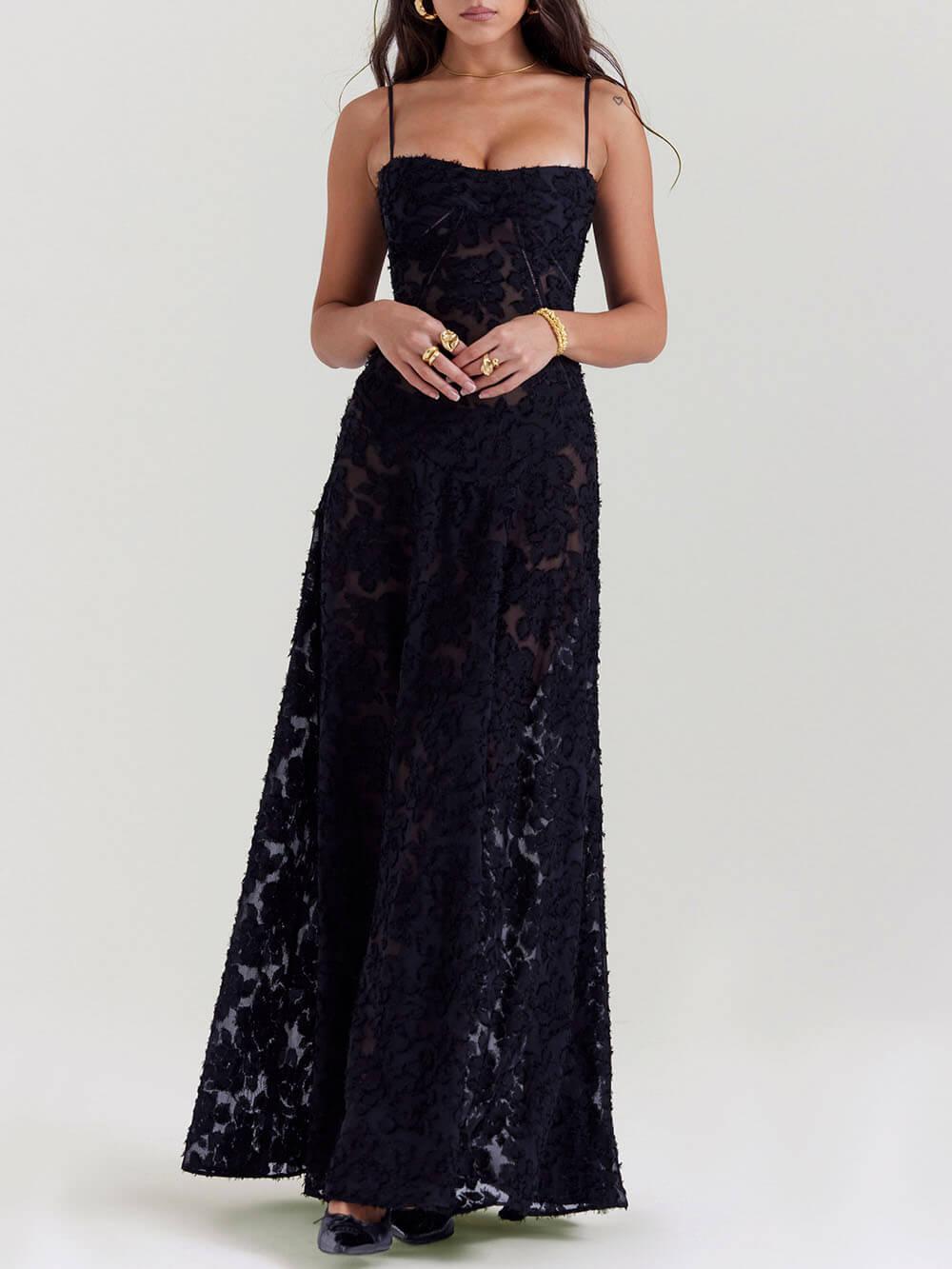 Aurohaya Black Floral Lace Back Maxi Dress